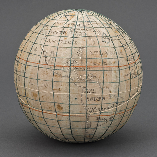 After spending many hours stitching this circa 1815 sampler globe, young Ruth Wright a student in Westtown, Pa., would have known her geography. The sampler map is one of several in the Common Destinations exhibition at Winterthur. Image courtesy Winterthur Museum.